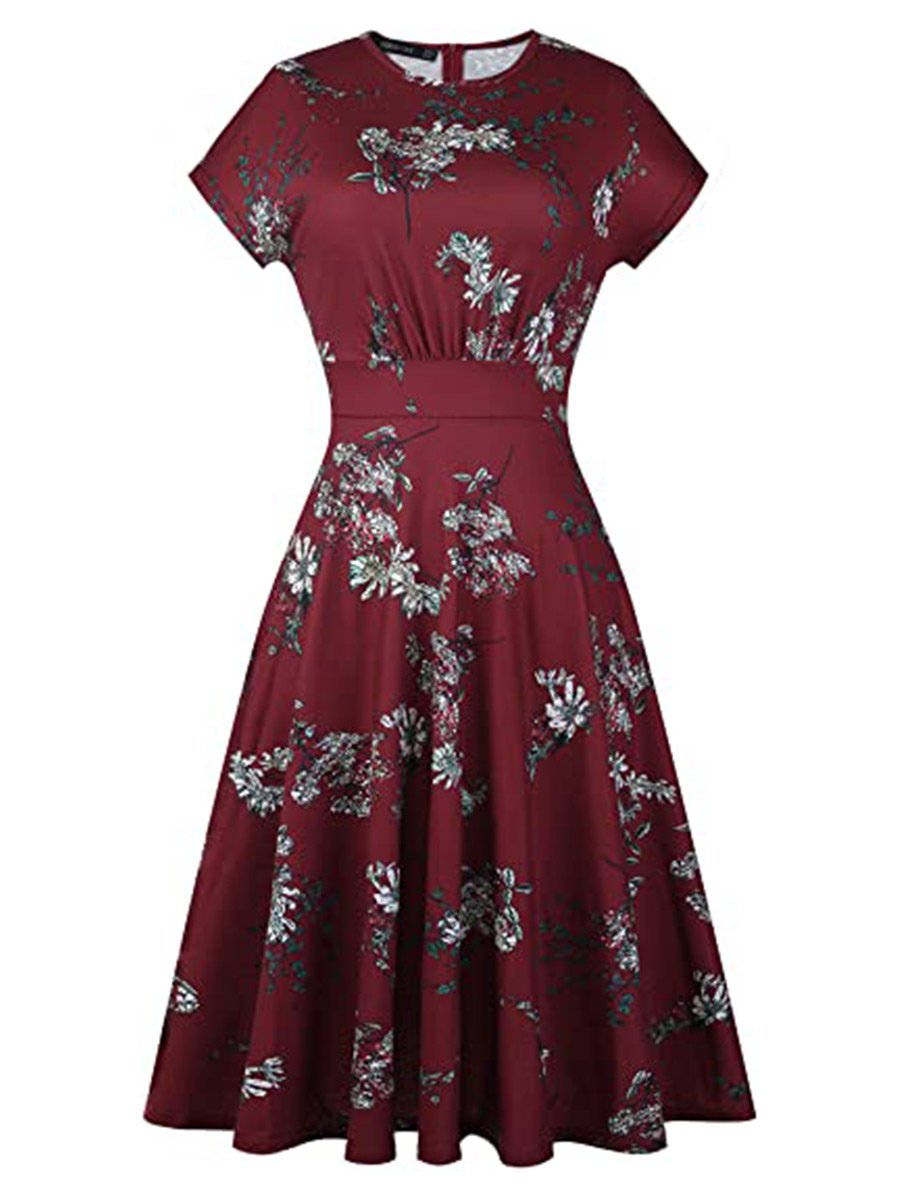 Women's Swing Dress Dark Floral Round Neck Ruched Casual Midi Dress