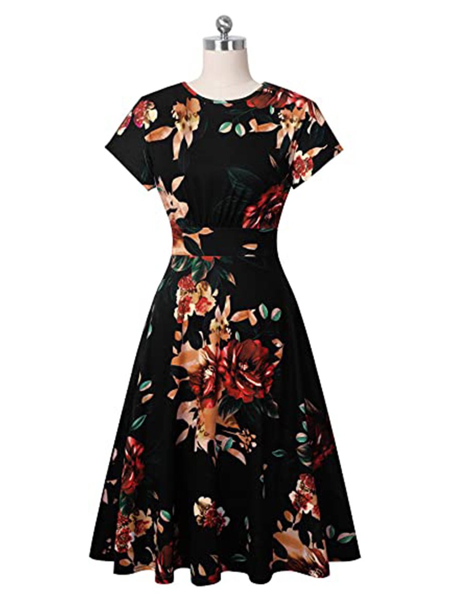 Women's Swing Dress Dark Floral Round Neck Ruched Casual Midi Dress