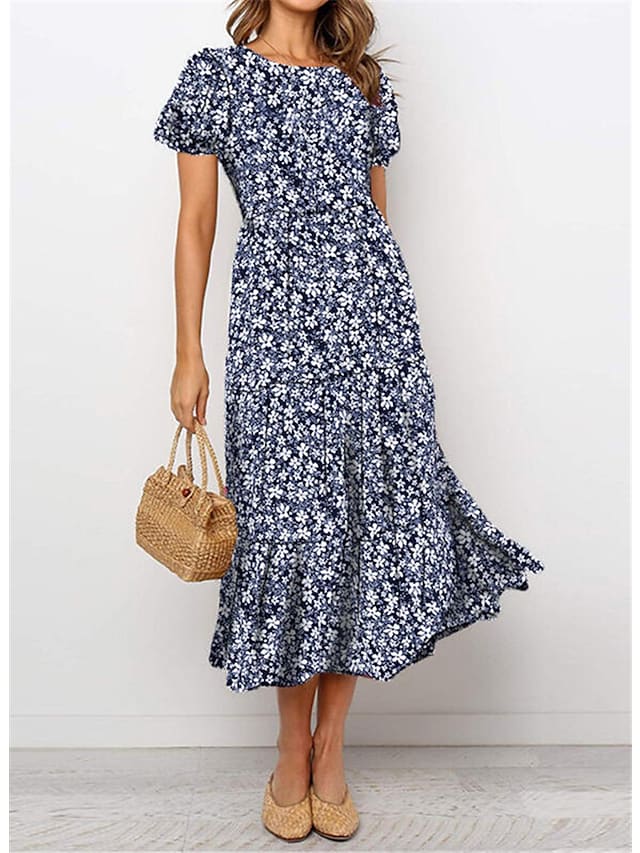 Women's Swing Dress Short Sleeve Flora Vintage Style Round Neck Midi Dress