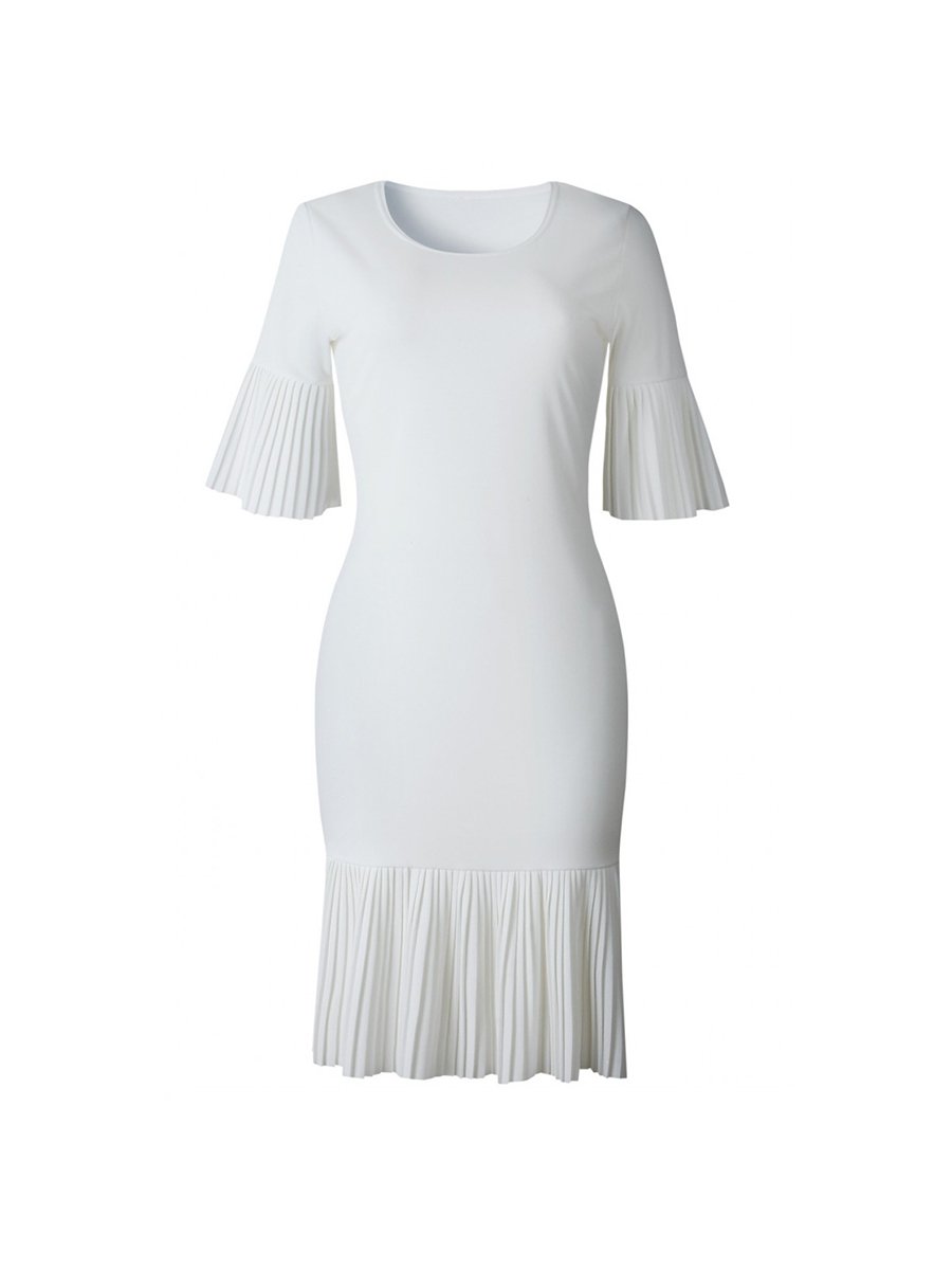 Womens Dress Pleated Details Flare Sleeve Draped Midi Dress