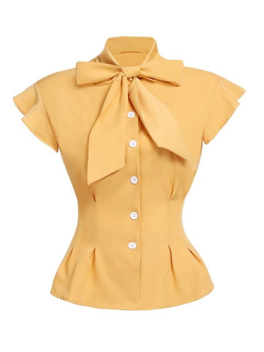 Women's Tops Floral Printed Bowknot Tie Flying Sleeves Pleated Shirt