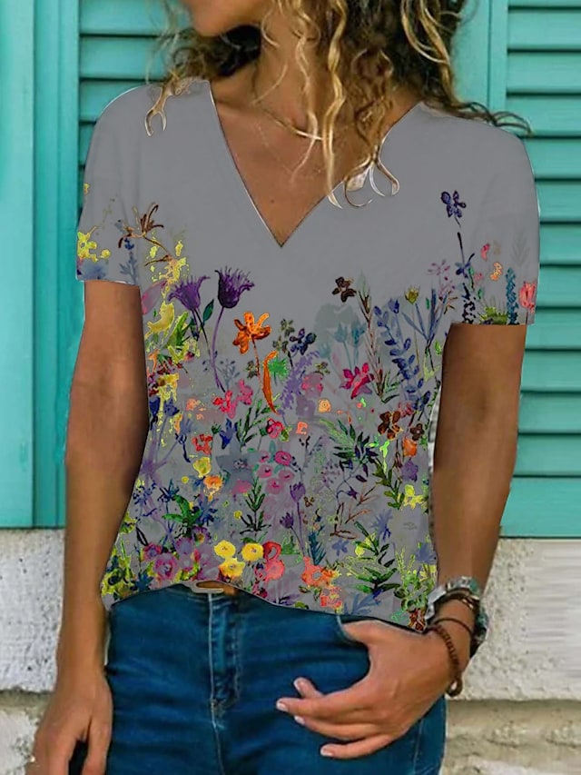 Women's T-shirts Floral Graphic Print V-neck Short Sleeve Casual Tops