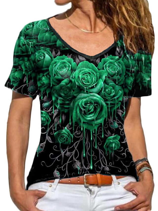 Women's T-shirts Floral Print V-neck Short Sleeve Basic Slim Tops