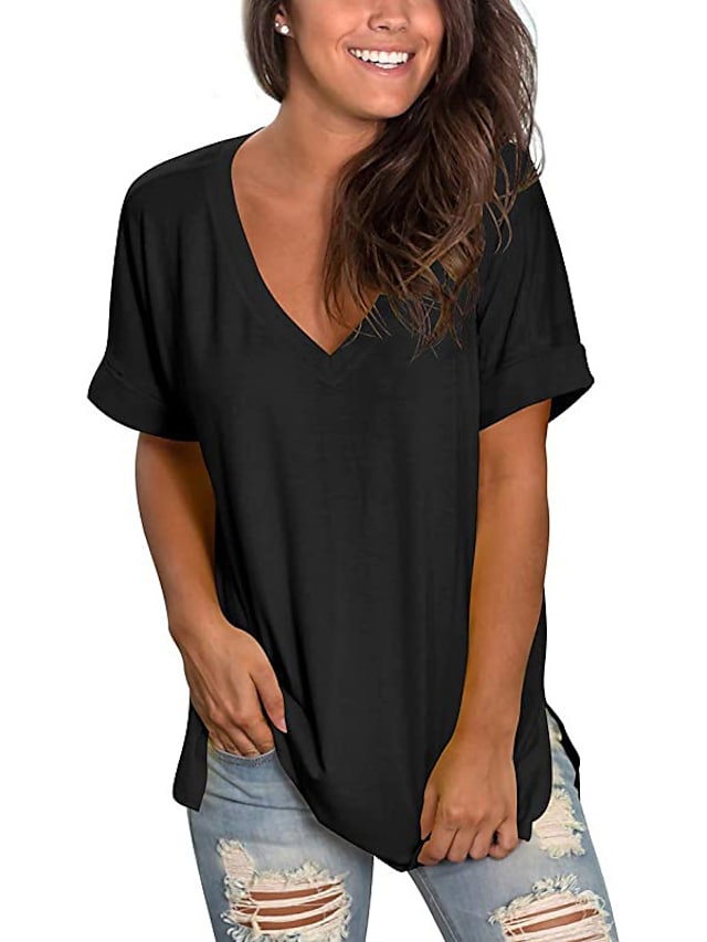 Women's T-shirt Plain V-Neck Solid Color Short Sleeve Basic Tops