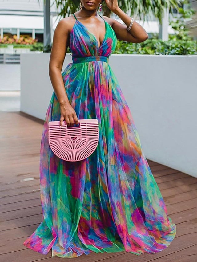 Women's Strap Dress Tie Dye V-Neck Sleeveless Prom Dress Maxi Long Dress