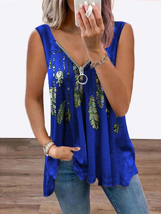 Women's Tank Top Feather Flowing Print Zipper  V-neck Streetwear Tops