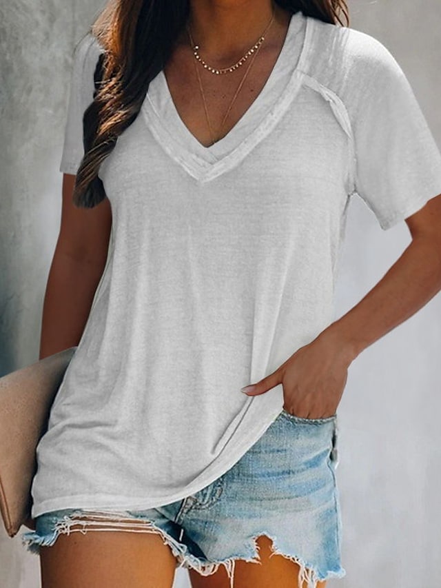 Women's T-shirts Solid Color V-neck Short Sleeve Solid Color Casual Tops