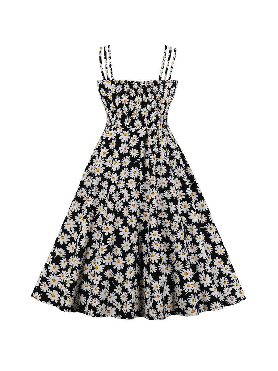 1950s Style Fashion Strap Sling Floral Dresses Sexy Little Daisy Print Dress