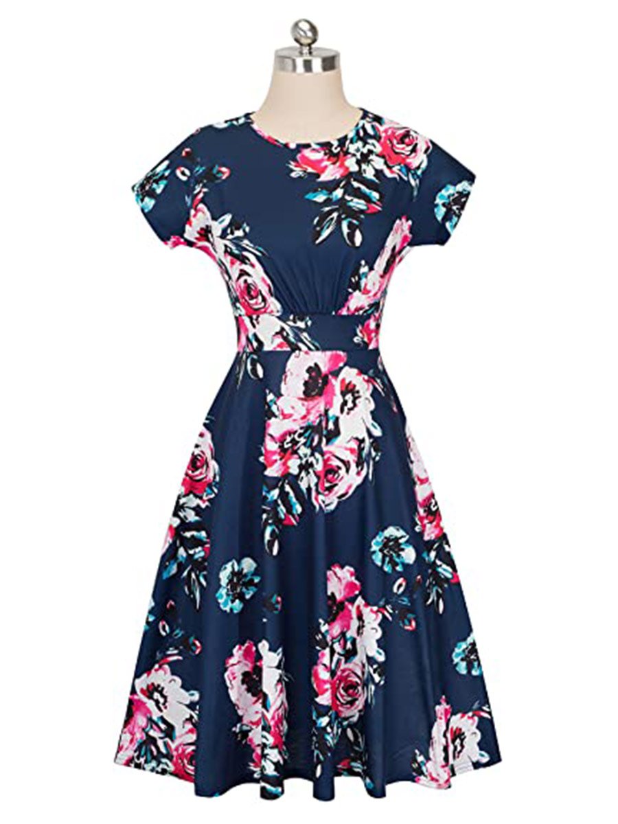 Women's Swing Dress Dark Floral Round Neck Ruched Casual Midi Dress