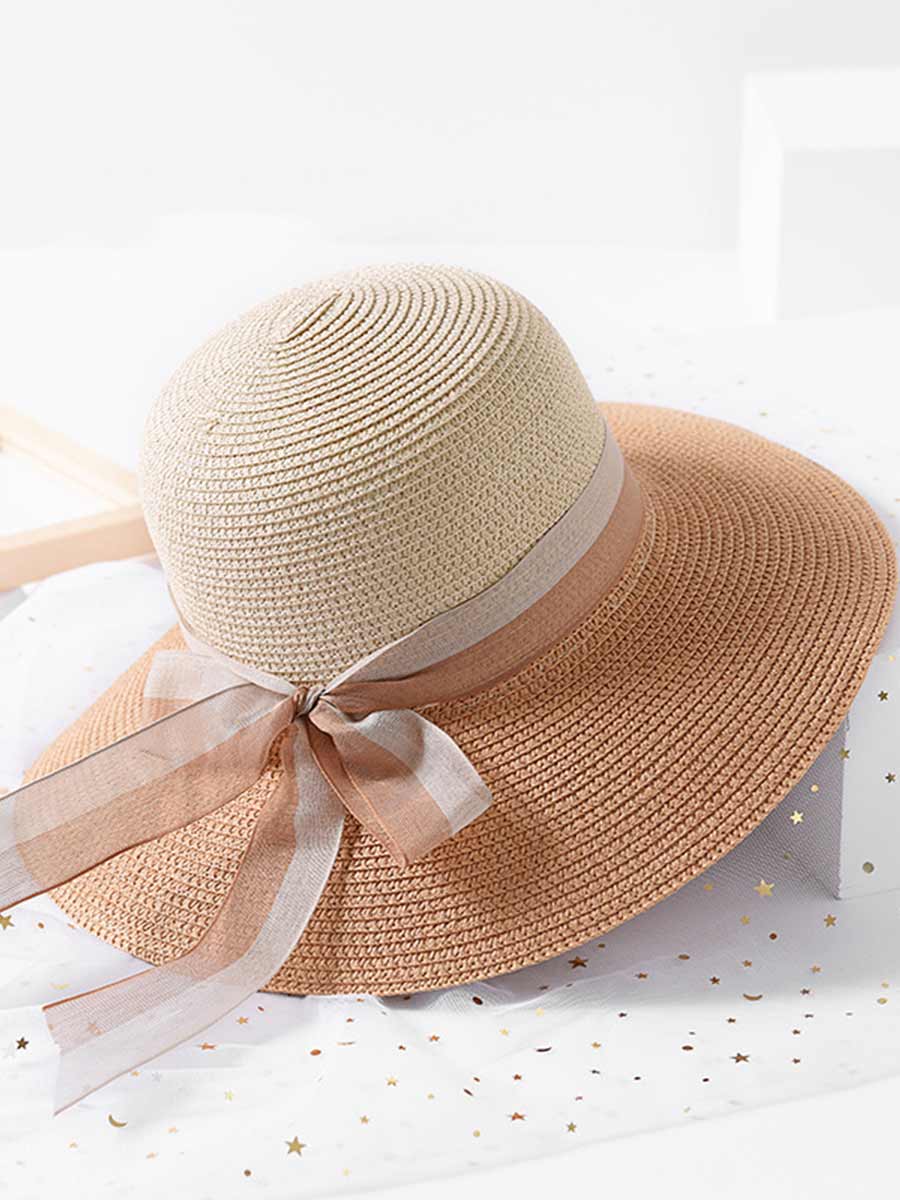 Women's Sun Straw Hats UV Protection Color Matching Ribbon Beach Travel Hats