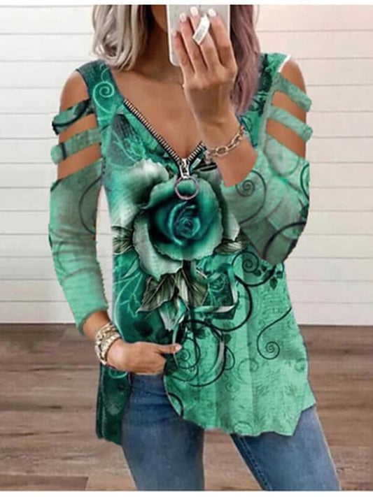 Women's T-shirts V-Neck Zipper Hollow Long Sleeve Flower Print Loose Top