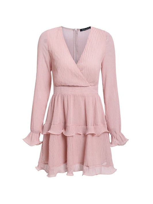 Womens Casual Dress Ruffled Long Sleeve V Neck Dress