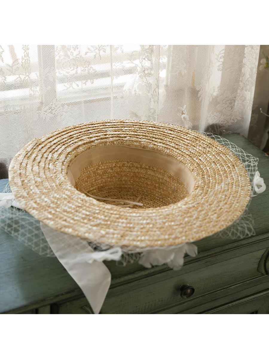 Women's Vintage Bridal Top Hat Mesh Flower Bow Tie Elegant Straw Hat