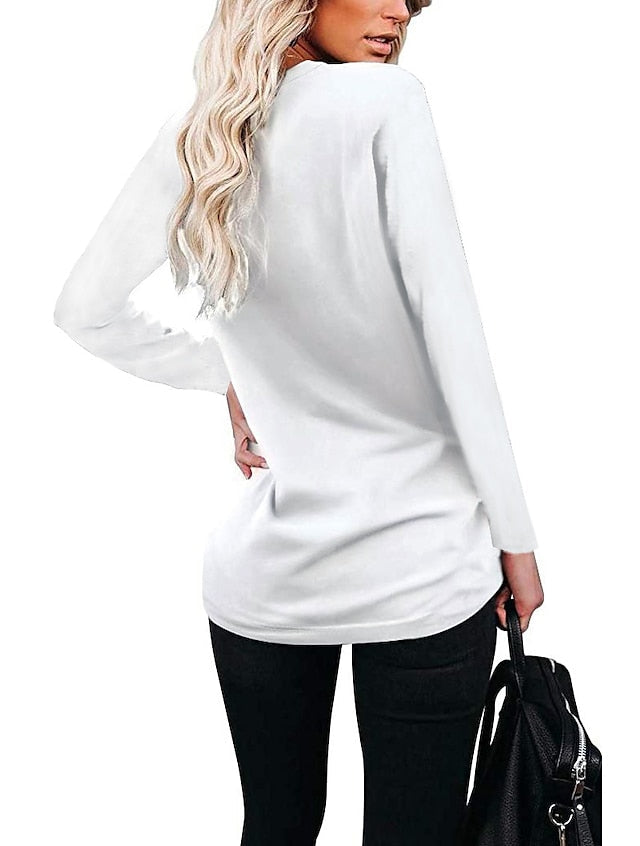 Women's T-Shirt With Pocket Plain V-Neck Solid Color Long Sleeeve Tops