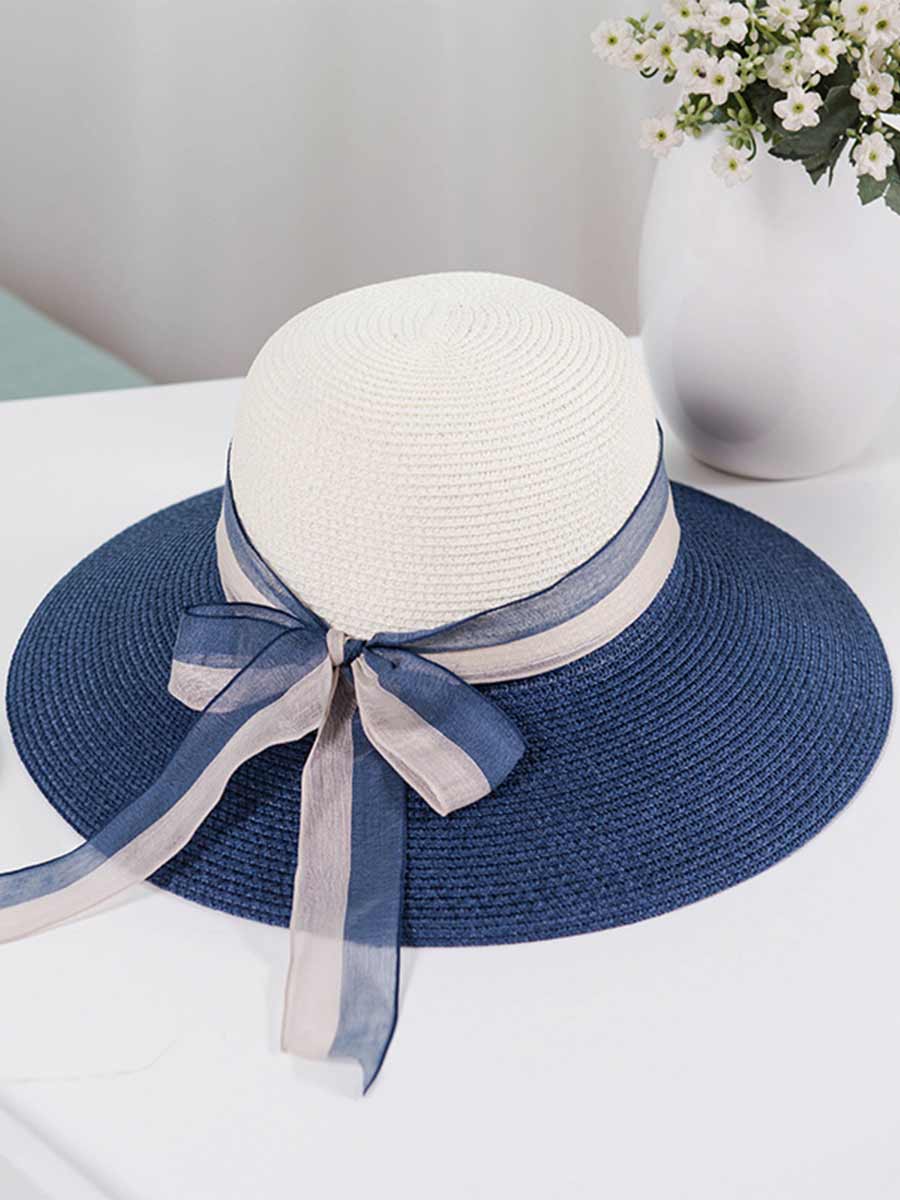 Women's Sun Straw Hats UV Protection Color Matching Ribbon Beach Travel Hats