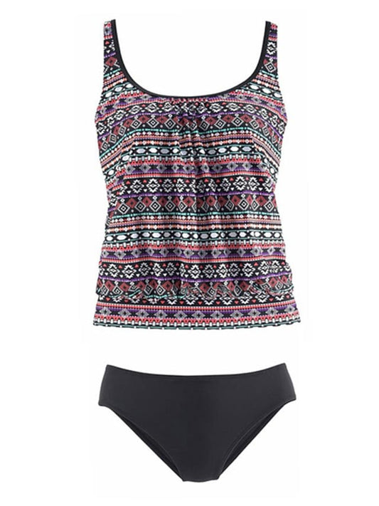 Women's Swimwear Slim Print Solid Color Colorful Tankini Two Piece Swimsuit