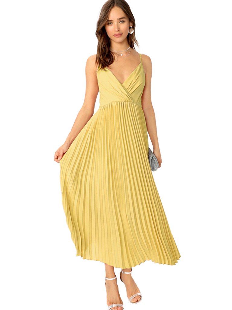 Womens Casual Dress V-neck Pleated Spaghetti Strap Long Dress