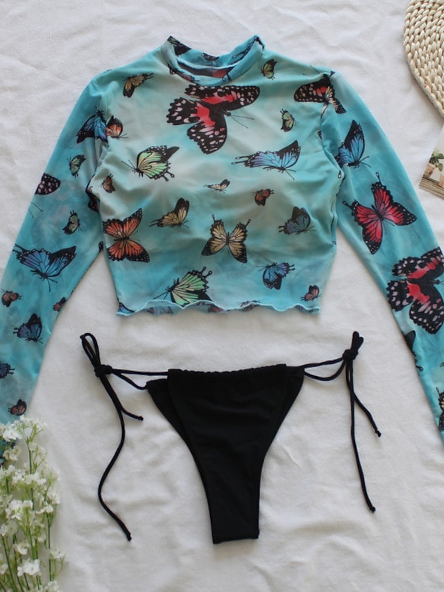 Women's Two Piece Swimsuit Butterfly Print Crop Top High Neck Bathing Suits