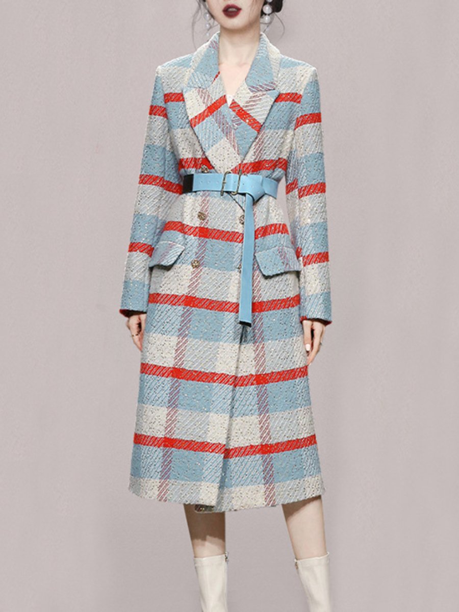 Women's Wool Coats Lapel Plaid Pockets Belt Button Winter Coats