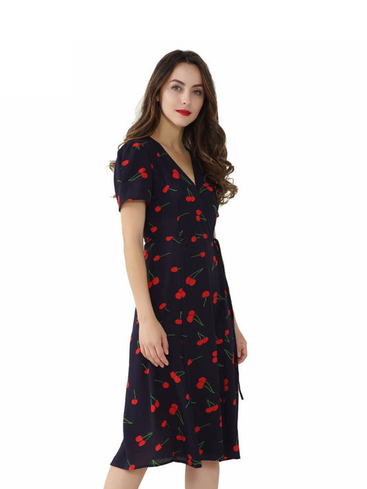 Wrap Dress Floral Pattern Bow Tie Cross Design Midi Dress