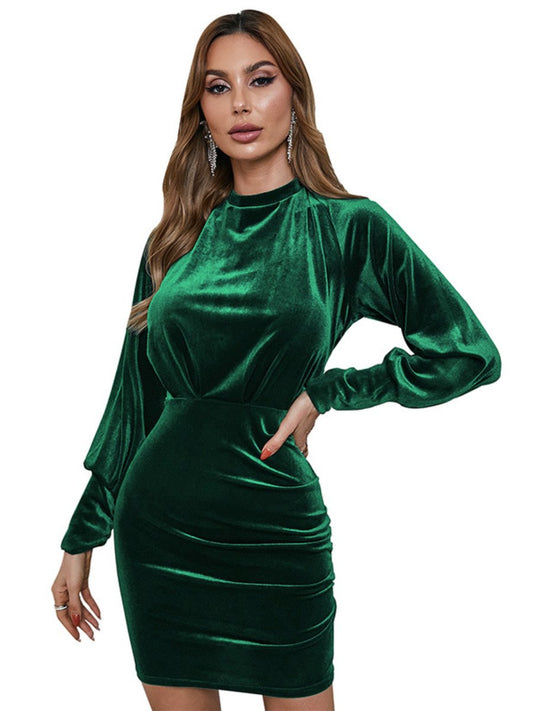 Women's Velvet Dress Mock Neck Lantern Sleeve Backless Mini Dress