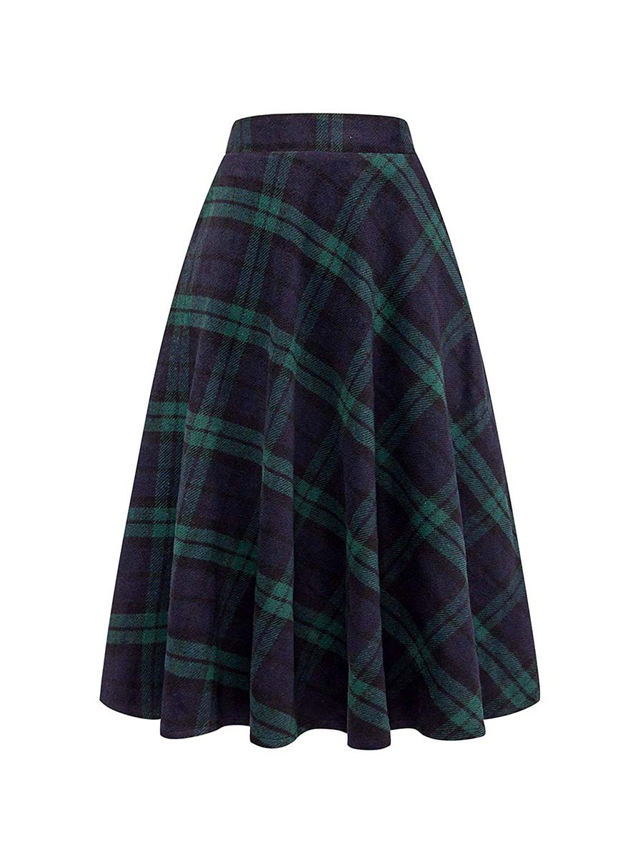 Womens Skirt High Elastic Plaid A-line Ankle-Length Skirt