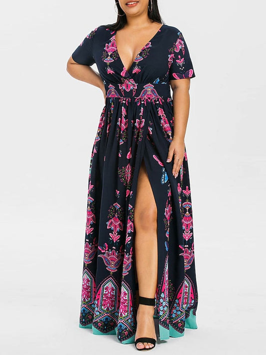 Women's Swing Dress Floral V-Neck Short Sleeve Plus Size Split Sexy Maxi Long Dress