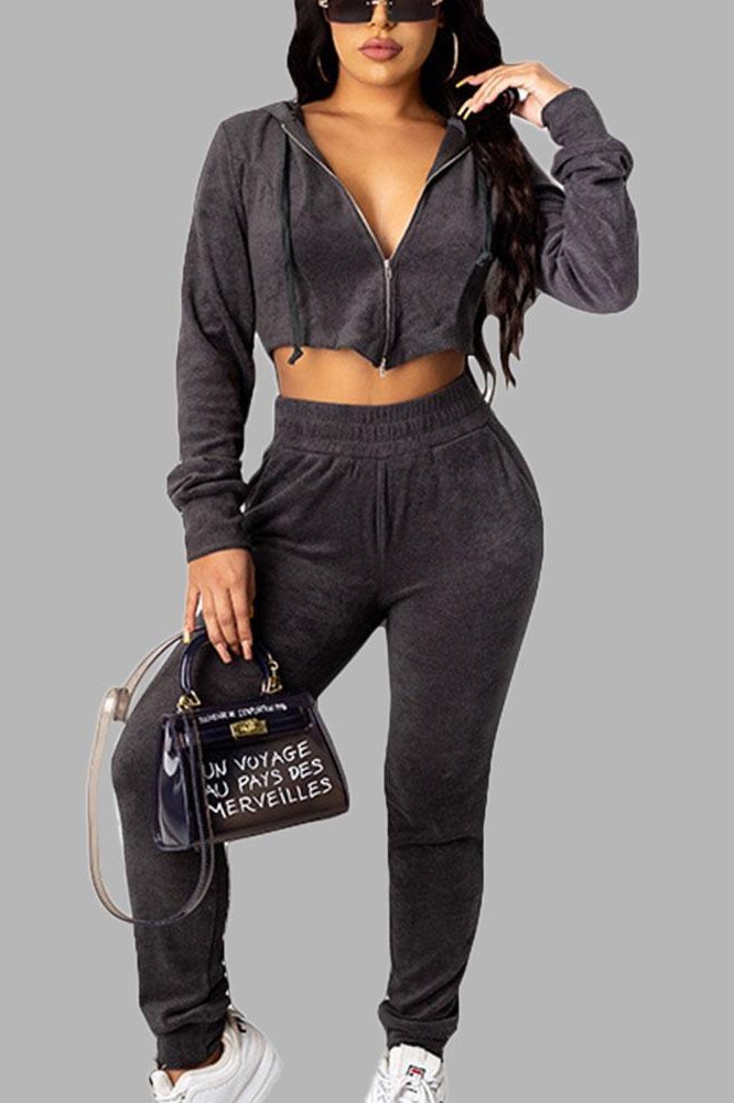 Zip Front Drawstring Detail Hooded Top & Pants Set