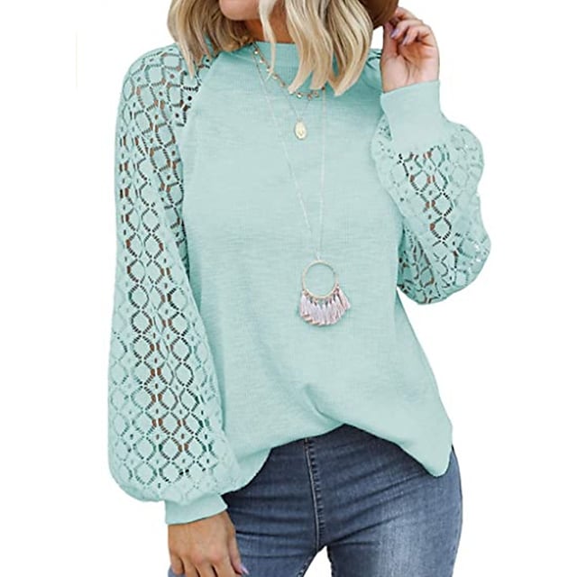 Women's Sweatshirts Round Neck Long Sleeve Lace Stitching Sleeve Loose Top