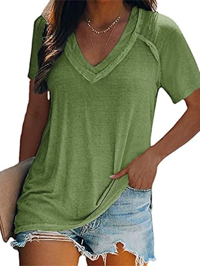 Women's T-shirts Solid Color V-neck Short Sleeve Solid Color Casual Tops