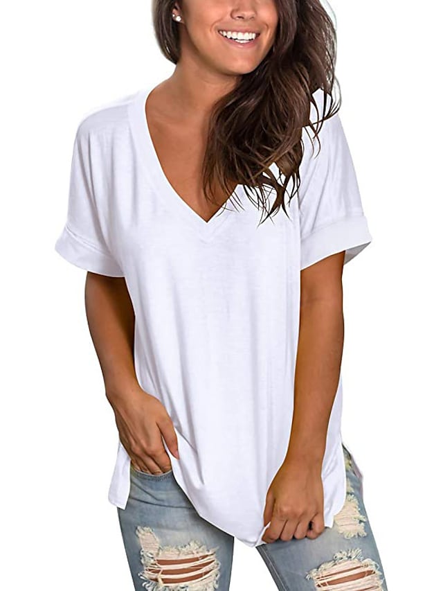 Women's T-shirt Plain V-Neck Solid Color Short Sleeve Basic Tops