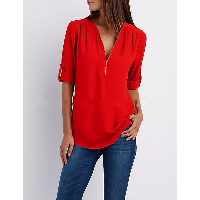 Women's T-shirt V-Neck Short Sleeve Solid Color Zipper Basic Daily Top