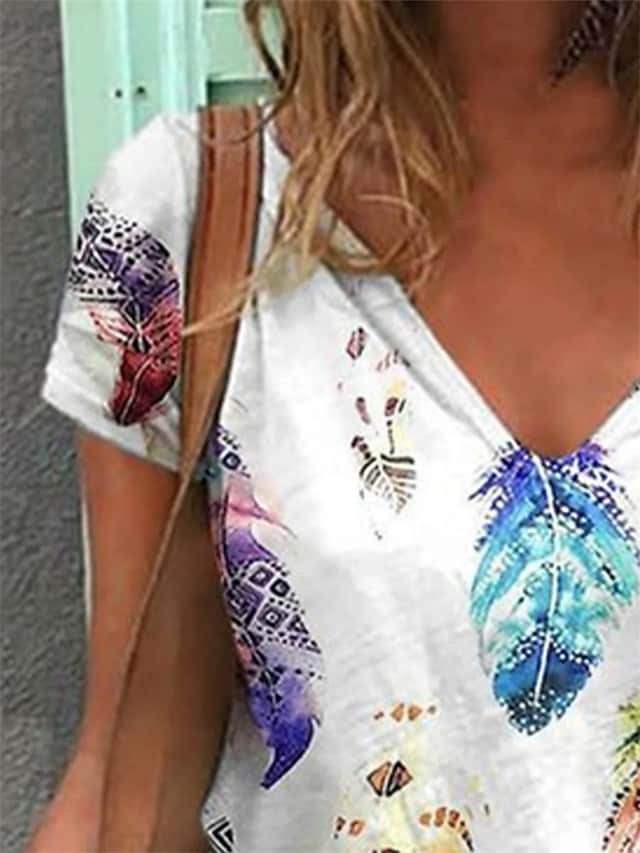 Women's T-shirts Leaf Print V-neck Casual Short Sleeve Pullover Tops