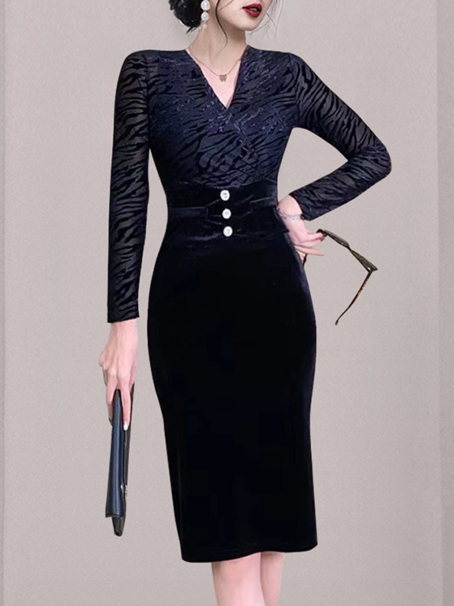 Women's Velvet Dresses V-neck Long Sleeve Patchwork Midi Bodycon Dress