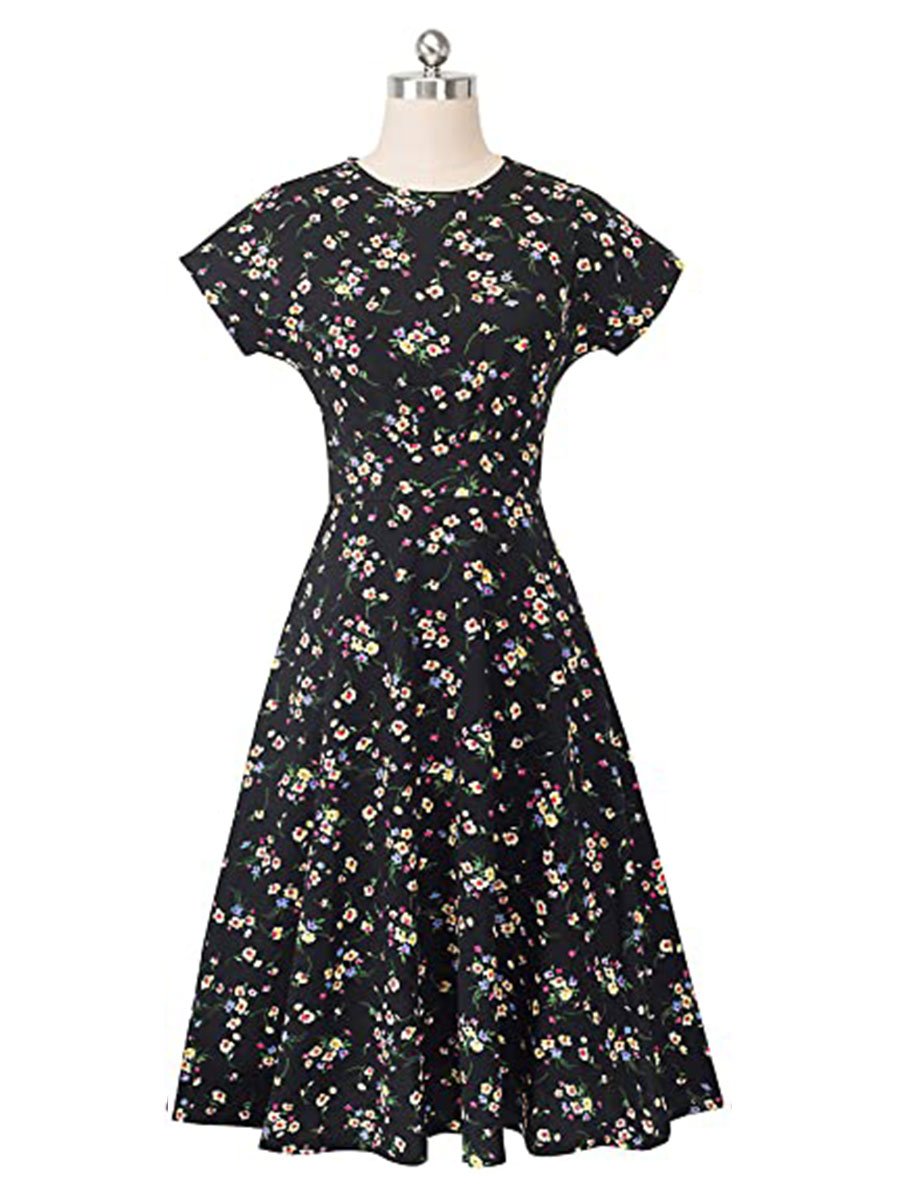 Women's Swing Dress Dark Floral Round Neck Ruched Casual Midi Dress