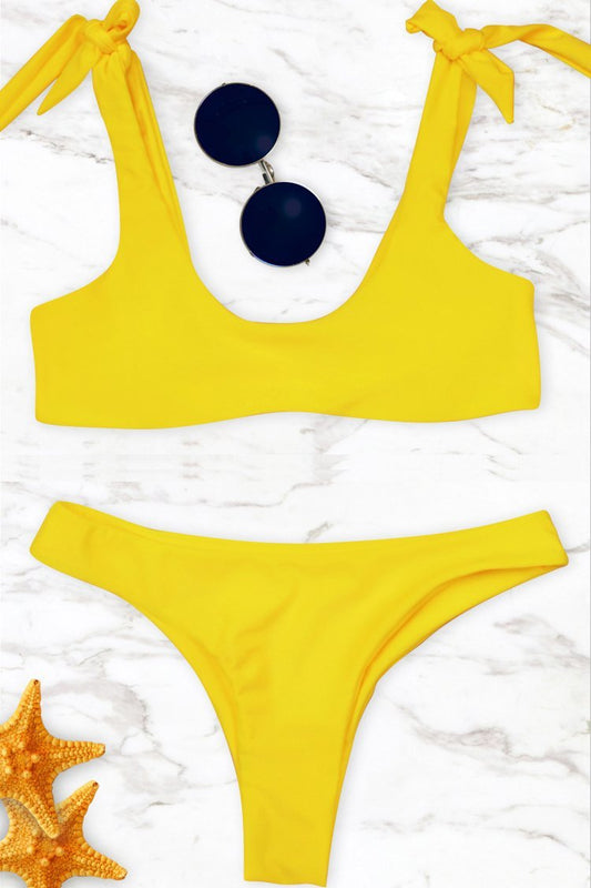 Yellow Scoop Tie Shoulder High Cut Cheeky Sexy Bikini Bathing Suit