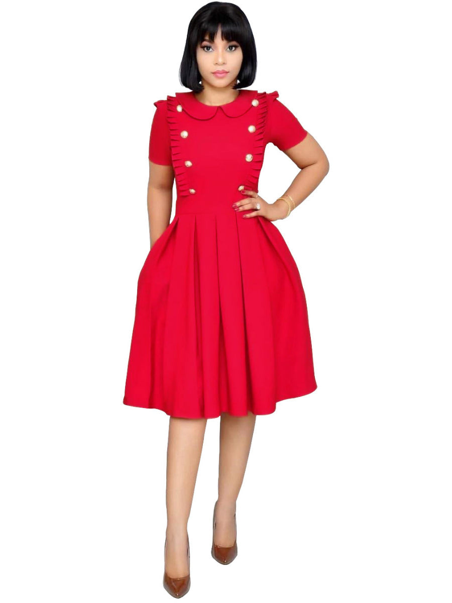 Women's Swing Dress Peter Pan Collar OL Style Short Sleeve Pleated Dress