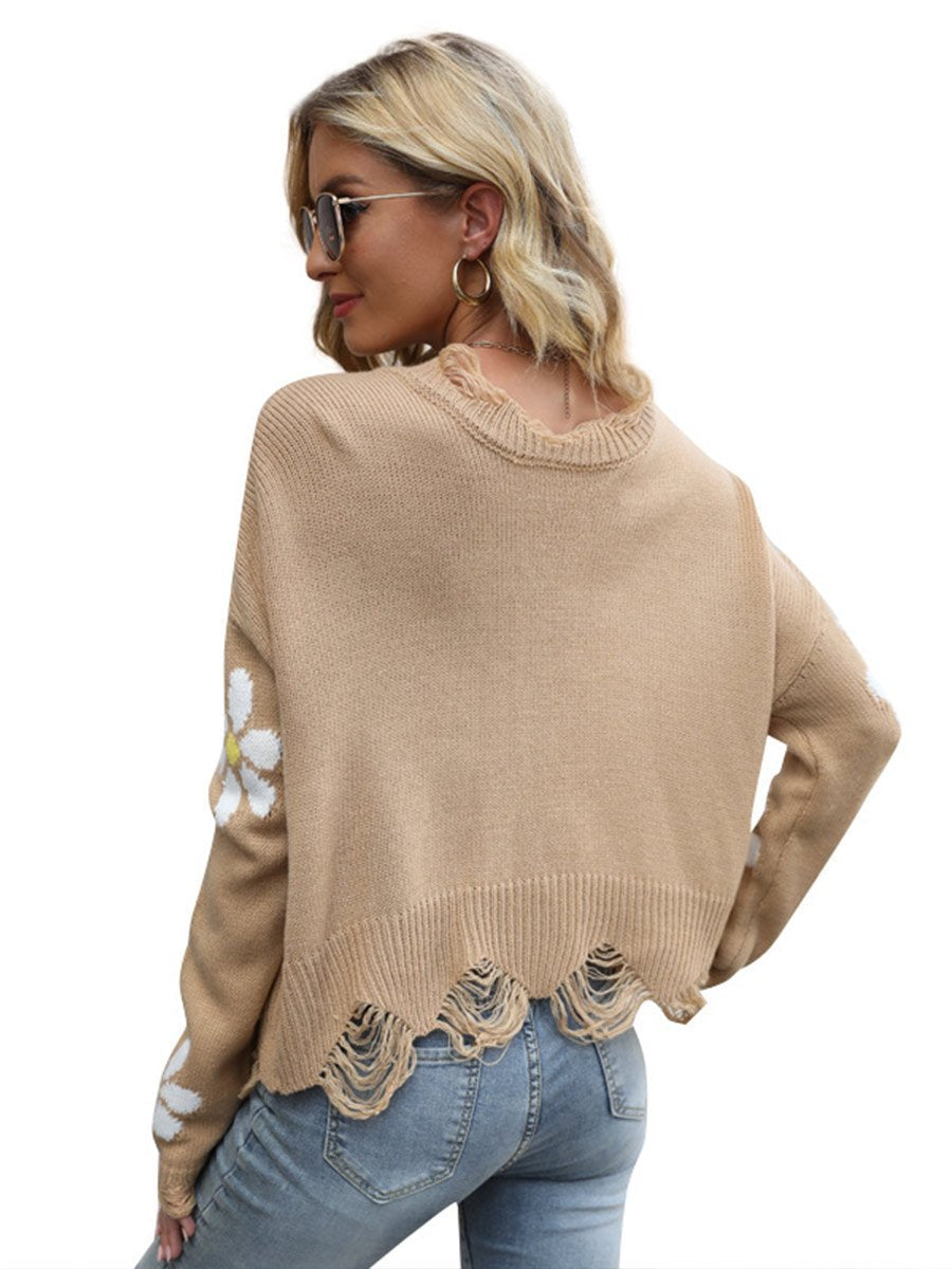 Women's Sweater Ripped Long Sleeve Flower Print V-Neck Loose Pullover Sweater