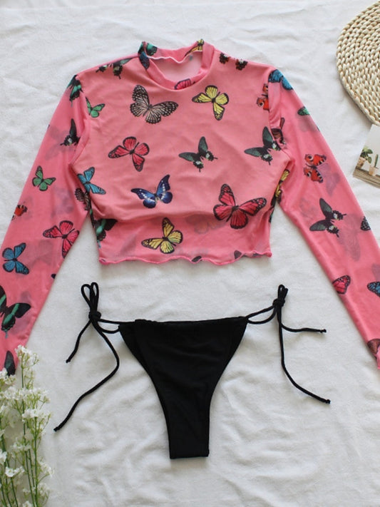 Women's Two Piece Swimsuit Butterfly Print Crop Top High Neck Bathing Suits