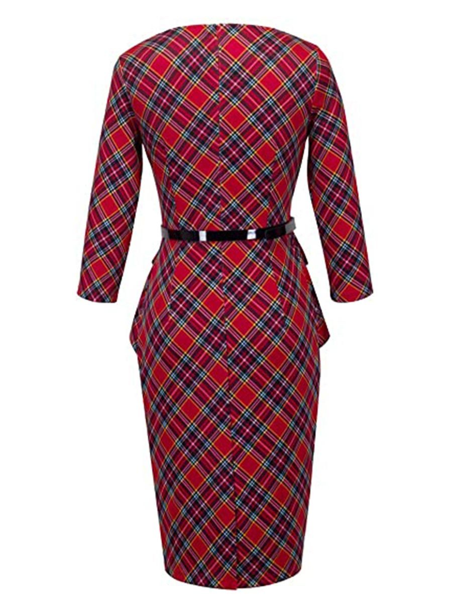 Women's Vintage Dress Round Neck Bodycon High Waist Midi Casual Dress