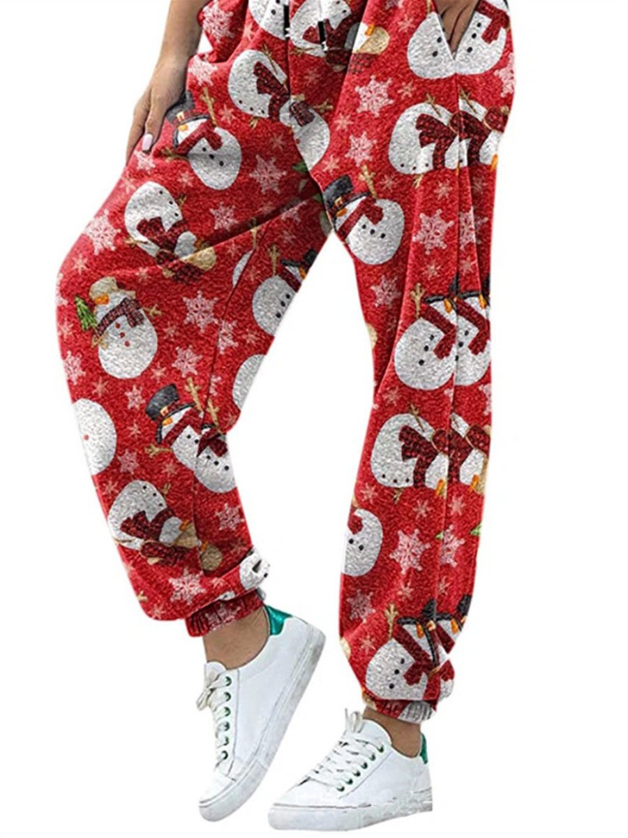 Women's Trousers Christmas Printed Elasticity Drawstring Pockets Loose Casual Pants