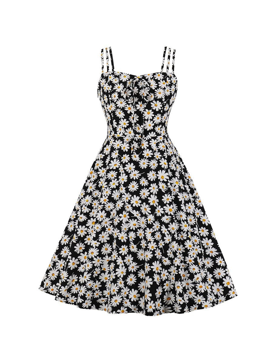 1950s Style Fashion Strap Sling Floral Dresses Sexy Little Daisy Print Dress