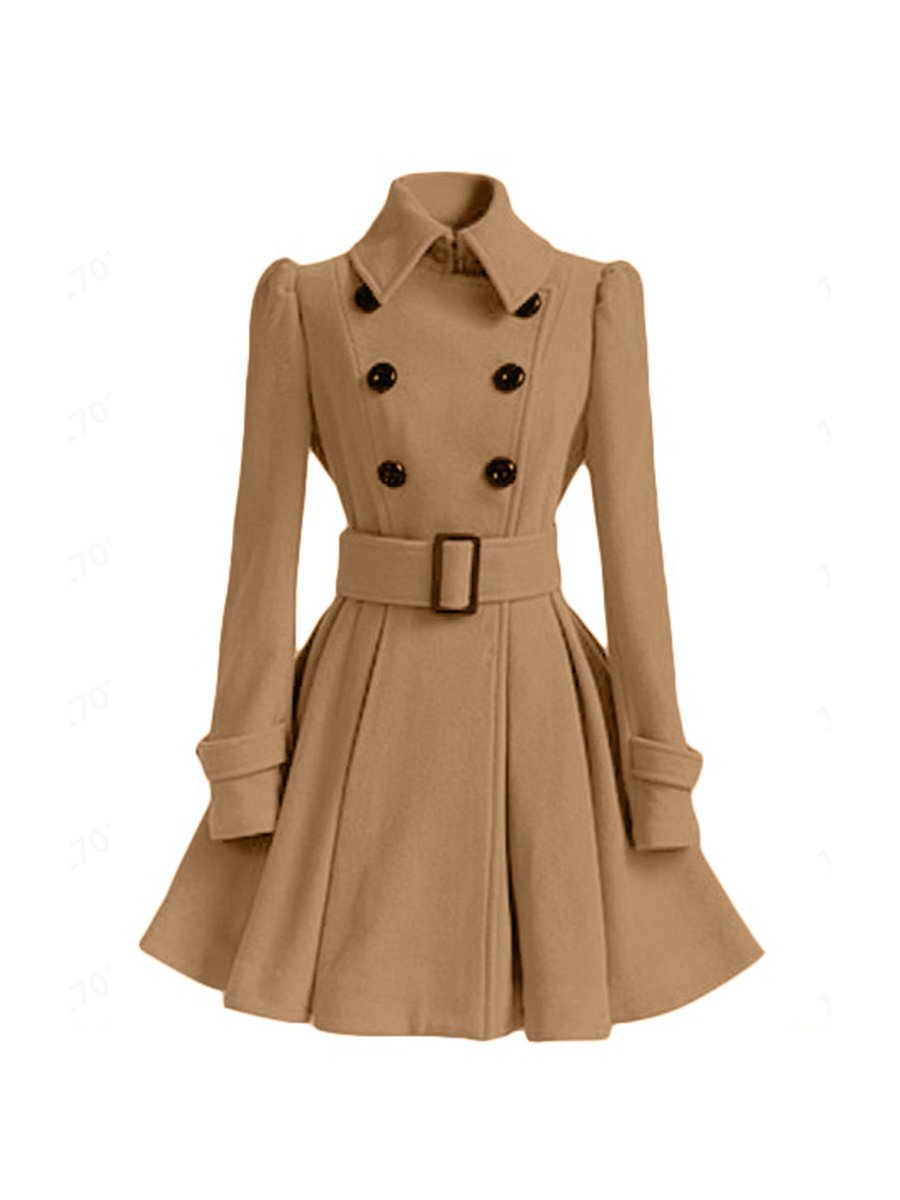 Women's Wool Coats Slim Lapel Collar Mid-length Belted A-line Wool Coats