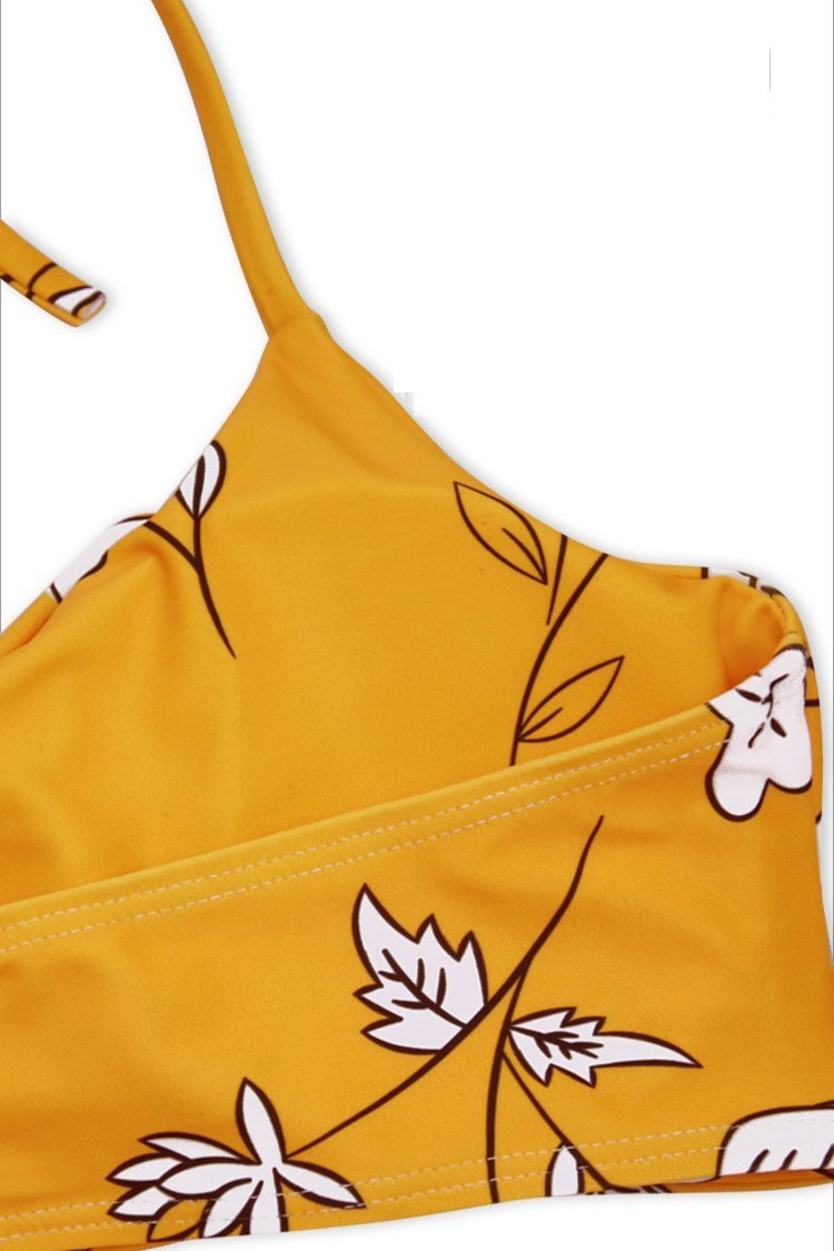 Yellow Slimming Control Floral Print Halter High Waisted Sexy Bikini Swimsuit