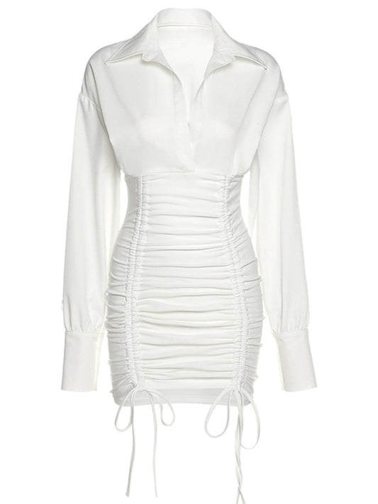 Women's White Dress Long Sleeve Lace-Up Drawstring Pleated Bodycon Dress