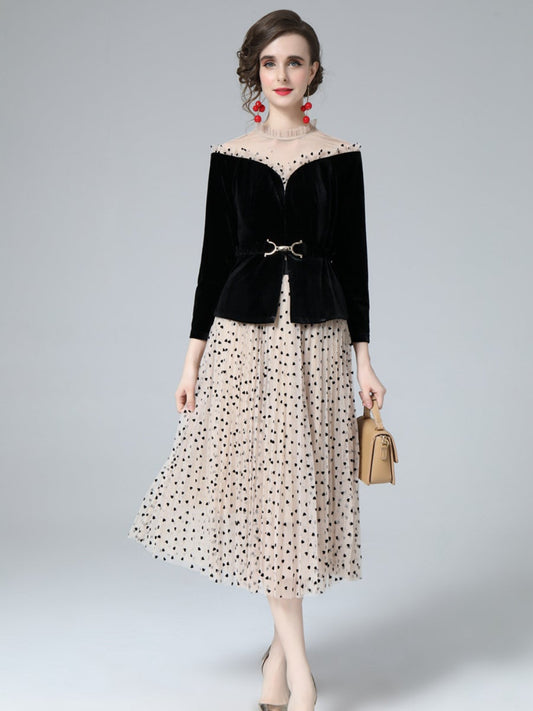 Women's Velvet Jacket Spliced See-through Top Polka Dot Pleated Skirt Suits