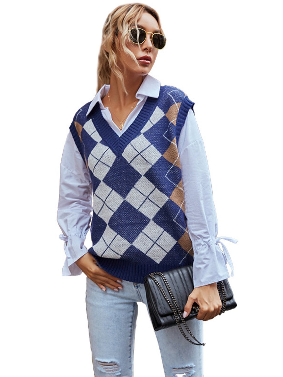 Womens Sweater Vests Plaid Preppy Style V-Neck Loose Knit sweater