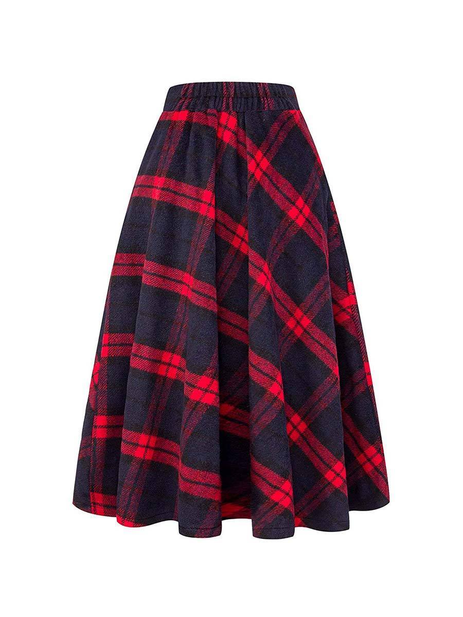 Womens Skirt High Elastic Plaid A-line Ankle-Length Skirt