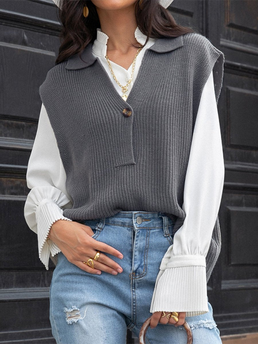 Women's Sweater Vest Lapel Collar Solid Color Button Oversized Sweater