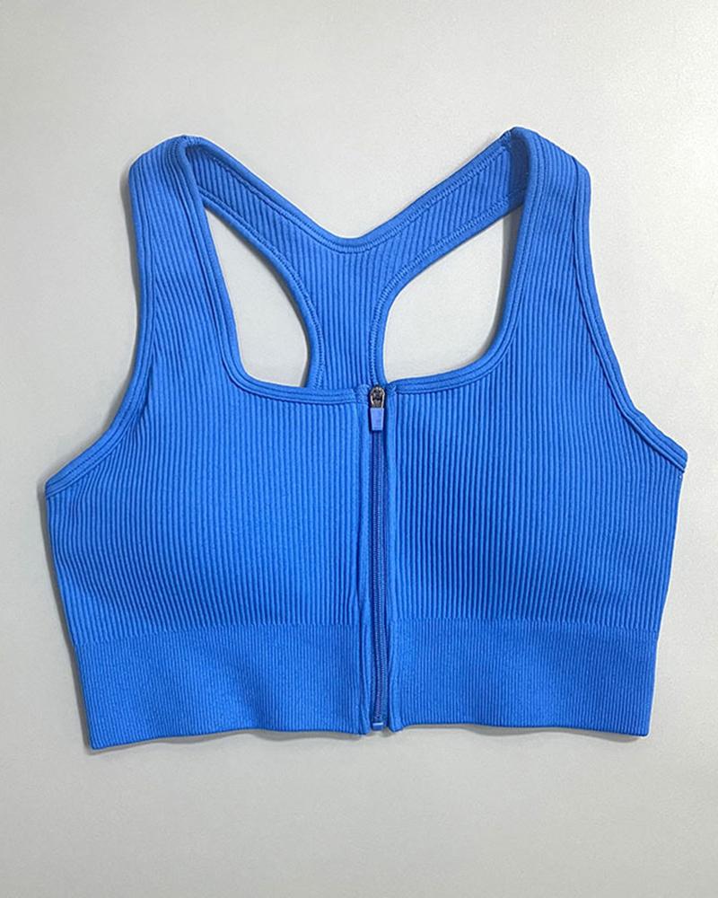 Zip Up Front Ribbed Racer Back Sports Bra